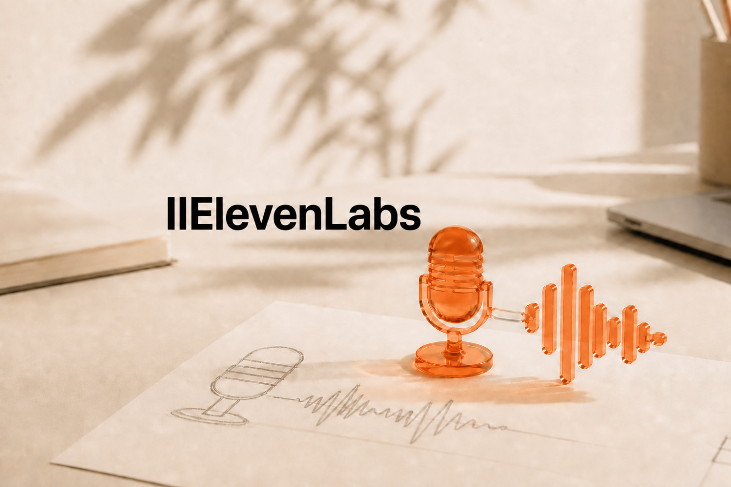 Ein Mikrofon und zwei nahezu identische Schallwellen symbolisieren das professionelle Klonen einer Stimme mit ElevenLabs.