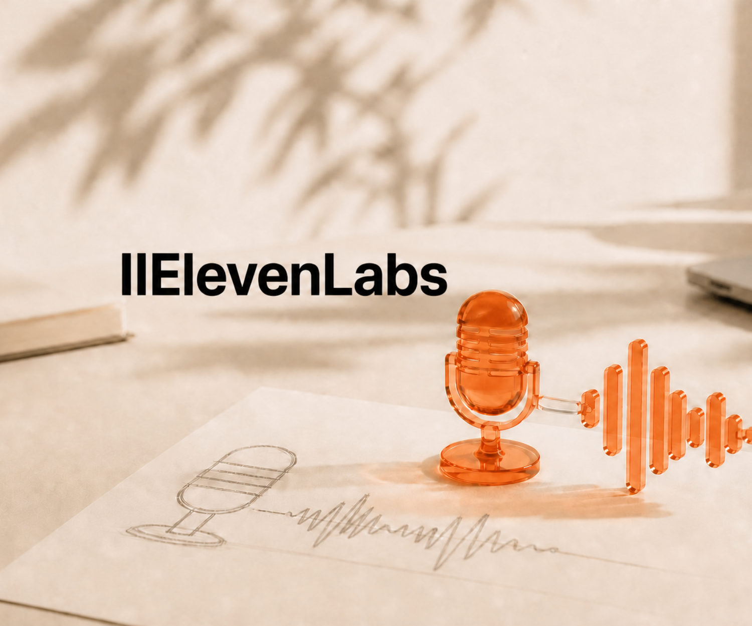 Ein Mikrofon und zwei nahezu identische Schallwellen symbolisieren das professionelle Klonen einer Stimme mit ElevenLabs.
