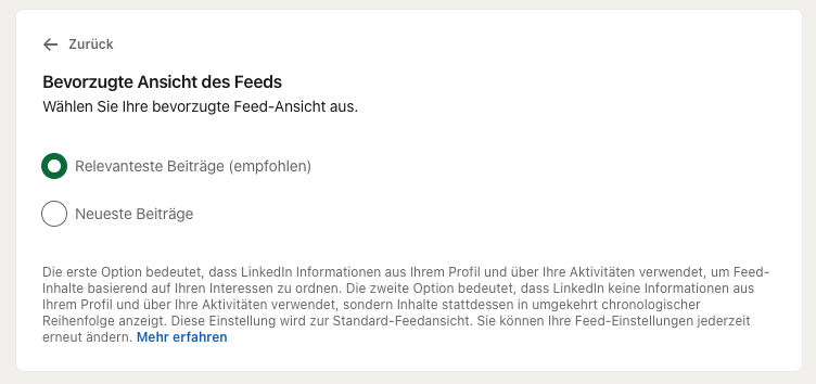 LinkedIn Algorithmus: Wechsel zwischen relevantem und chronologischem Feed