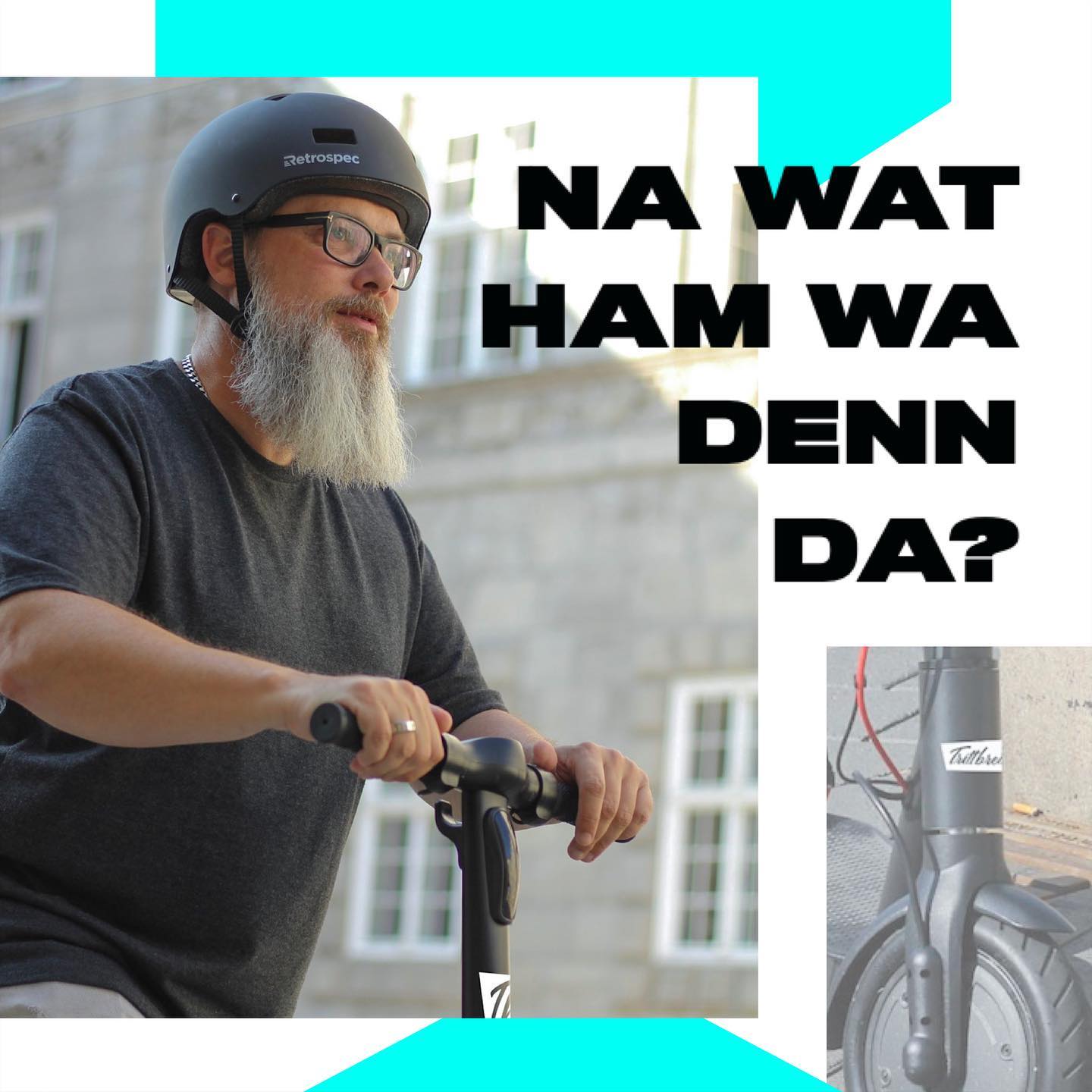 Türkises Social-Media-Kampagnenmotiv für den Trittbrett E-Scooter KALLE mit Achim Hepp