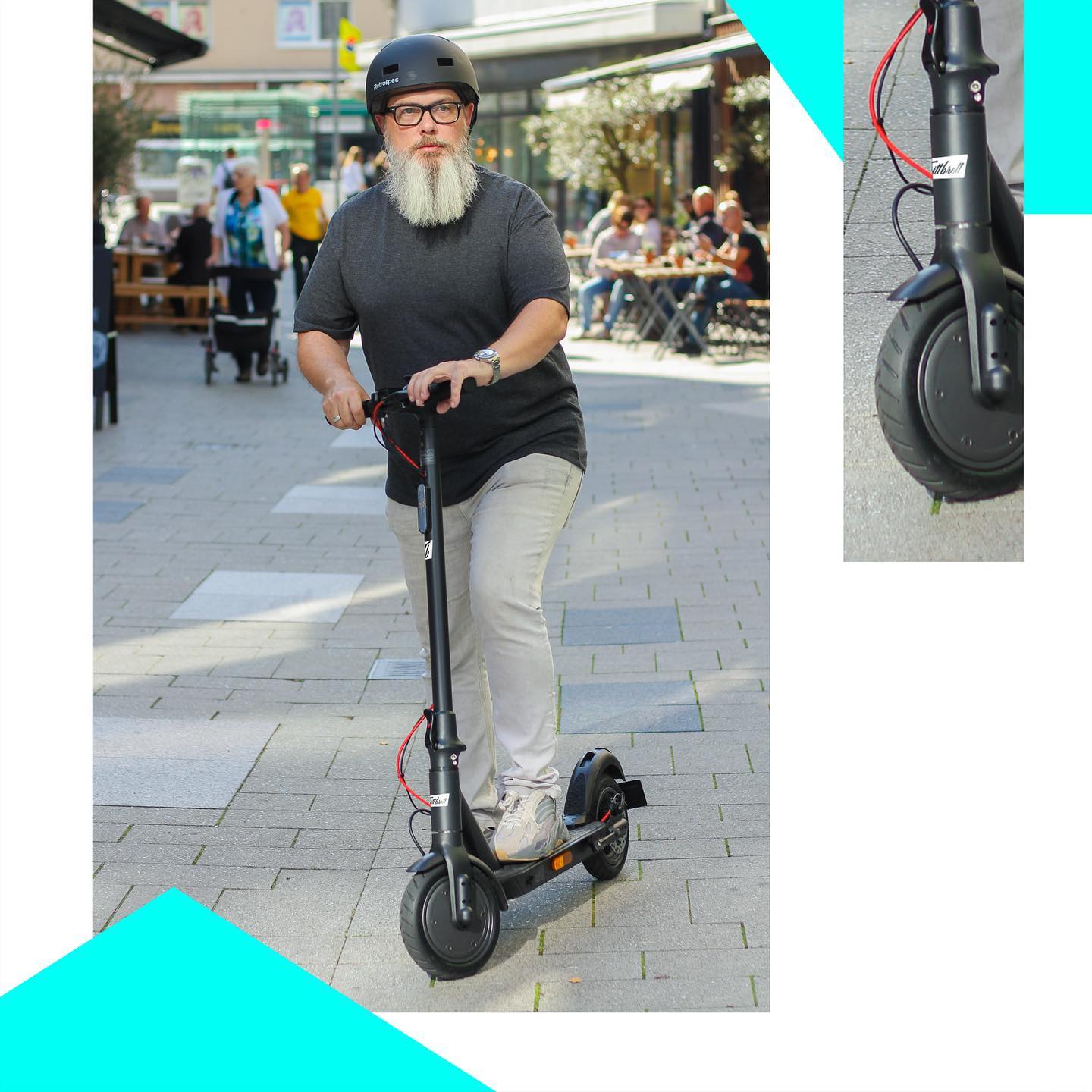 Türkises Social-Media-Fotomotiv der Trittbrett E-Scooter Kampagne mit Achim Hepp