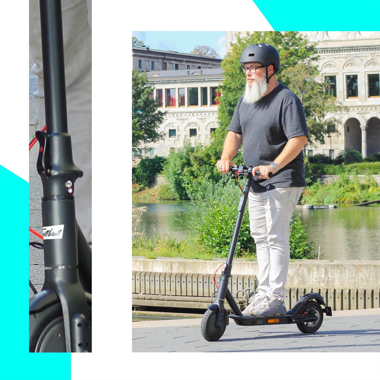 Türkises Social-Media-Motiv der Trittbrett E-Scooter Kampagne am Wasser mit Achim Hepp
