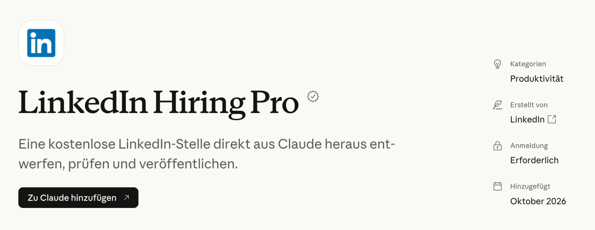 LinkedIn Hiring Pro im Konnektor-Verzeichnis mit der Schaltfläche Zu Claude hinzufügen