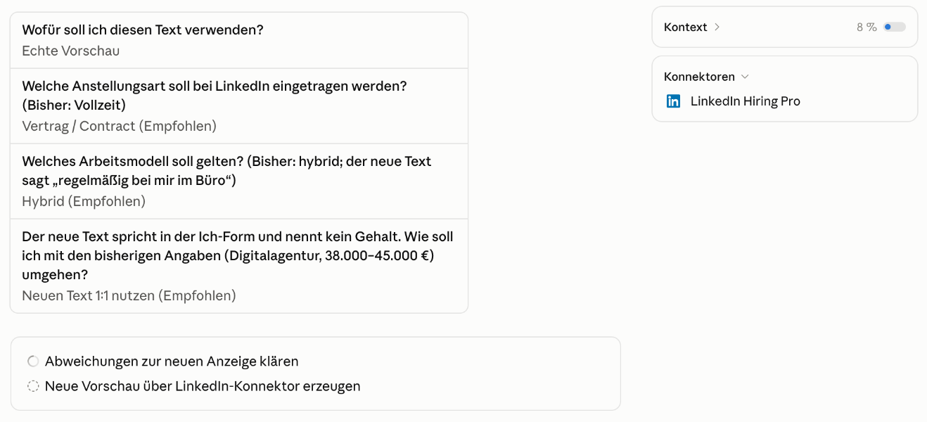 Claude fragt bei der Umstellung auf eine Freelancer-Anzeige nach Anstellungsart, Arbeitsmodell und dem Umgang mit bisherigen Gehaltsangaben.