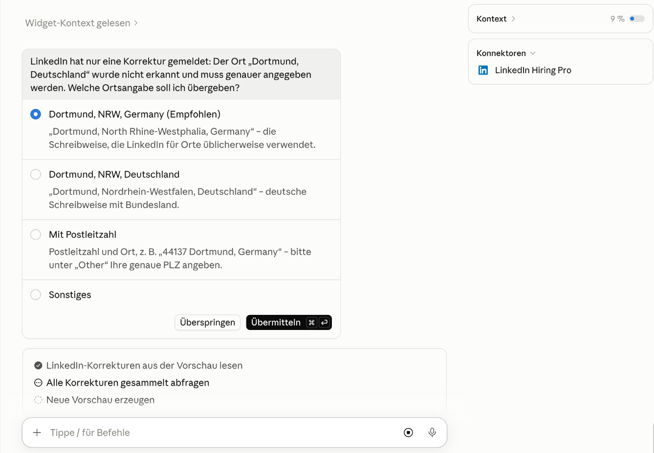Claude meldet die nicht erkannte Ortsangabe Dortmund, Deutschland und bietet genauere Standortangaben mit Bundesland an.